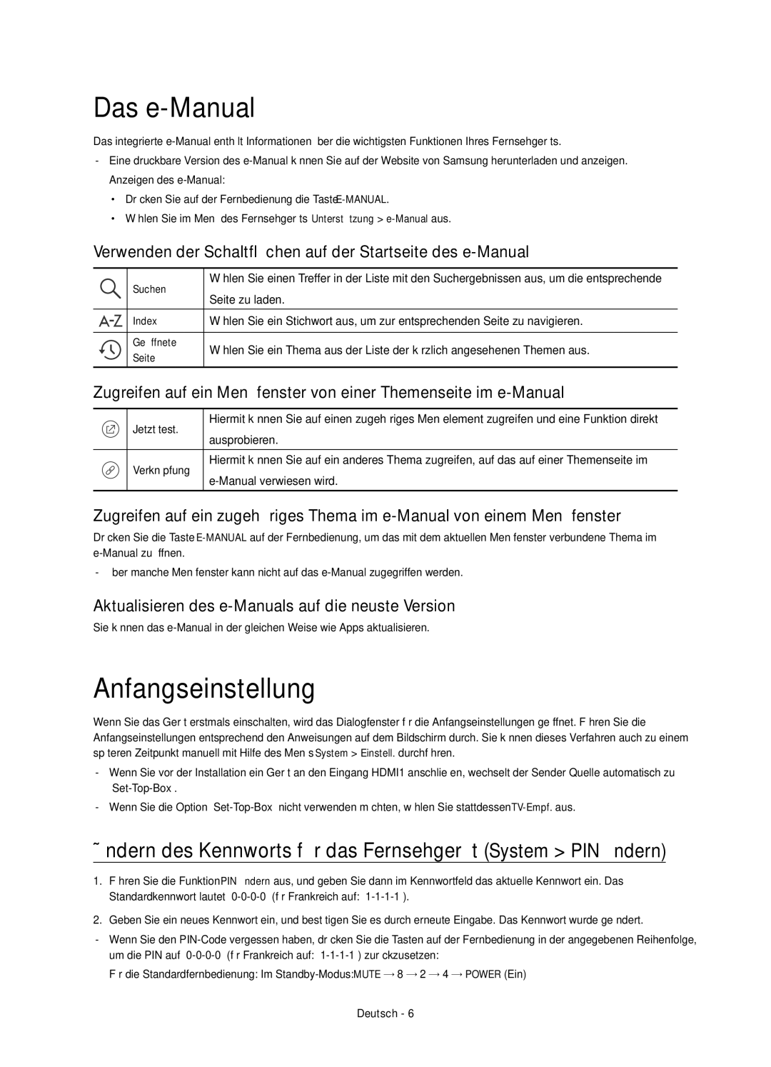 Samsung UE40JU6410SXXH manual Das e-Manual, Anfangseinstellung, Ändern des Kennworts für das Fernsehgerät System PIN ändern 