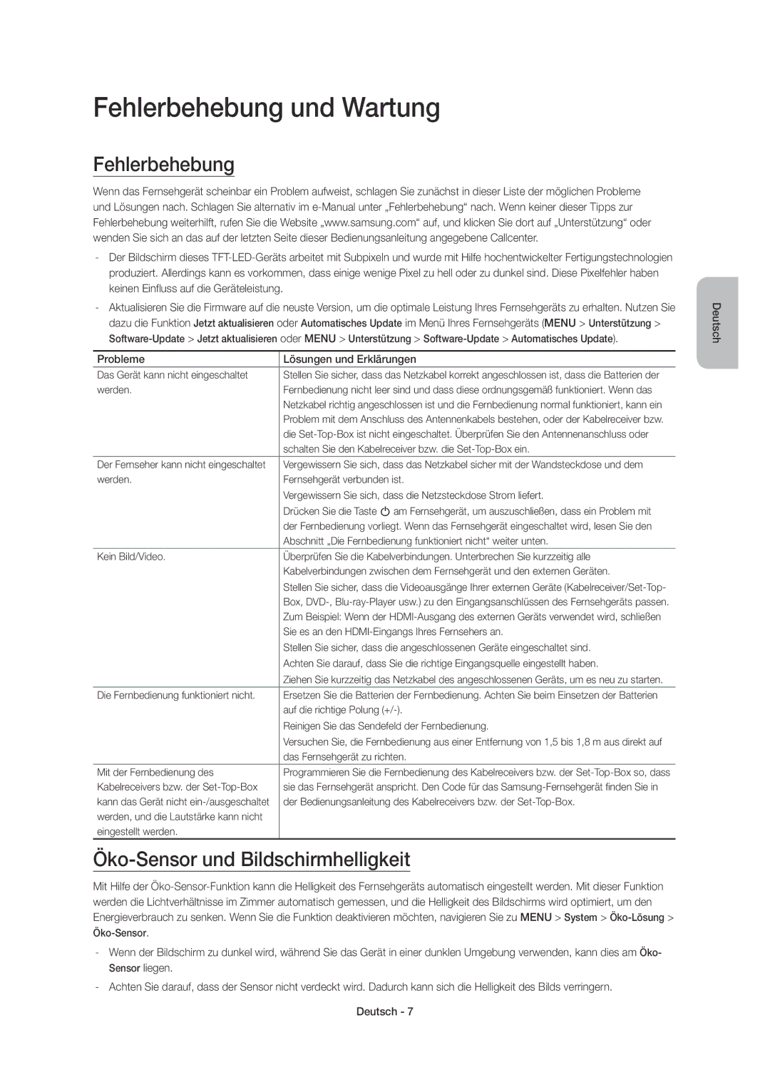 Samsung UE55JU6410SXXH Fehlerbehebung und Wartung, Öko-Sensor und Bildschirmhelligkeit, Probleme Lösungen und Erklärungen 