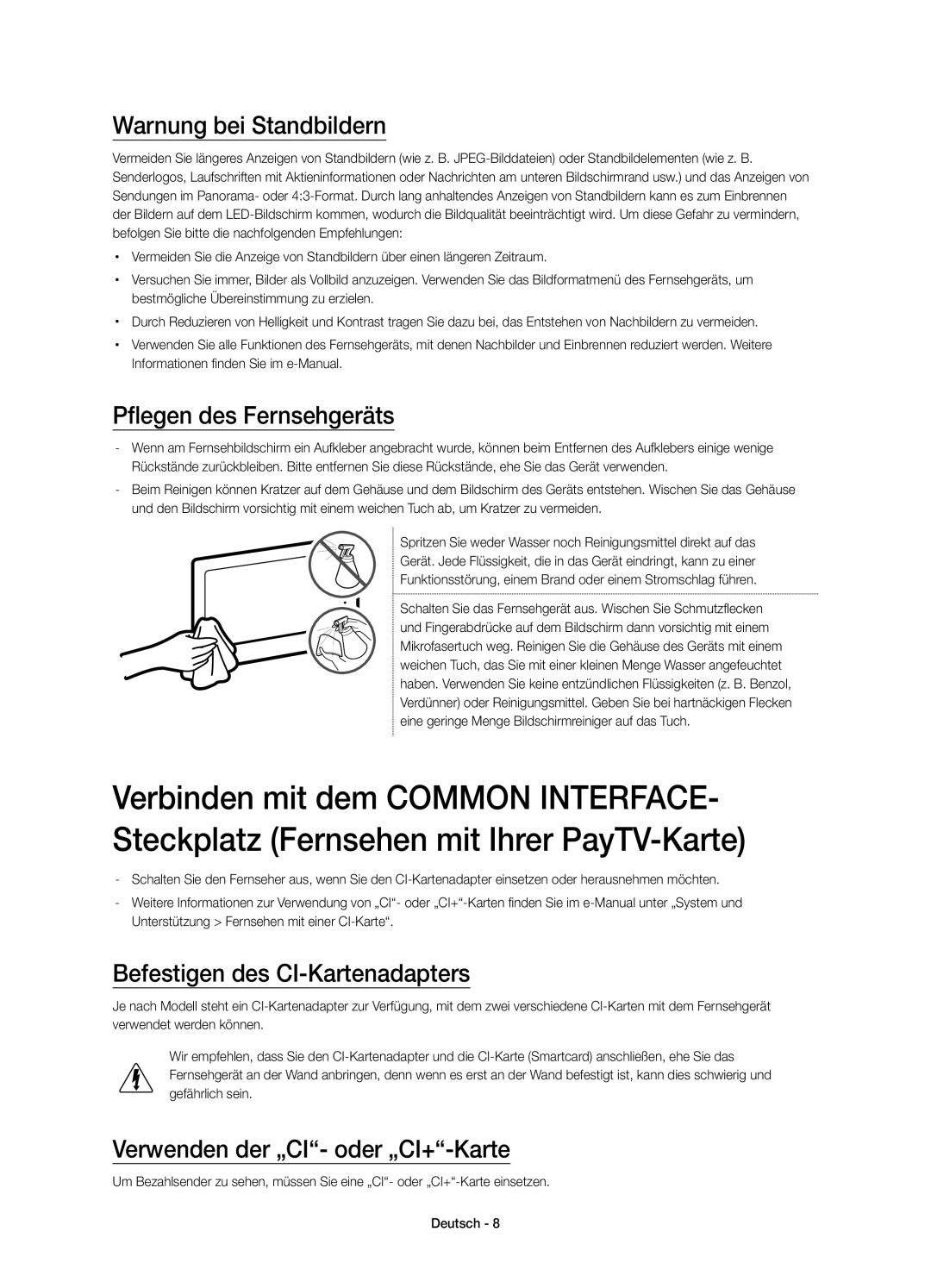 Samsung UE40JU6440WXXH manual Warnung bei Standbildern, Pflegen des Fernsehgeräts, Befestigen des CI-Kartenadapters 