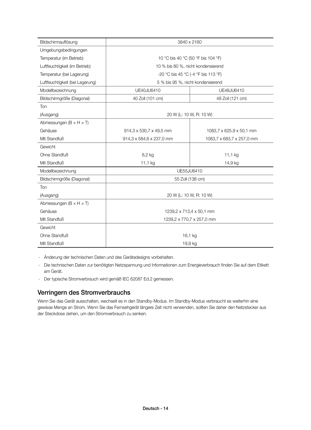 Samsung UE60JU6400KXXU, UE48JU6440WXXH, UE40JU6410UXXC, UE48JU6400KXXC, UE55JU6400KXZT manual Verringern des Stromverbrauchs 