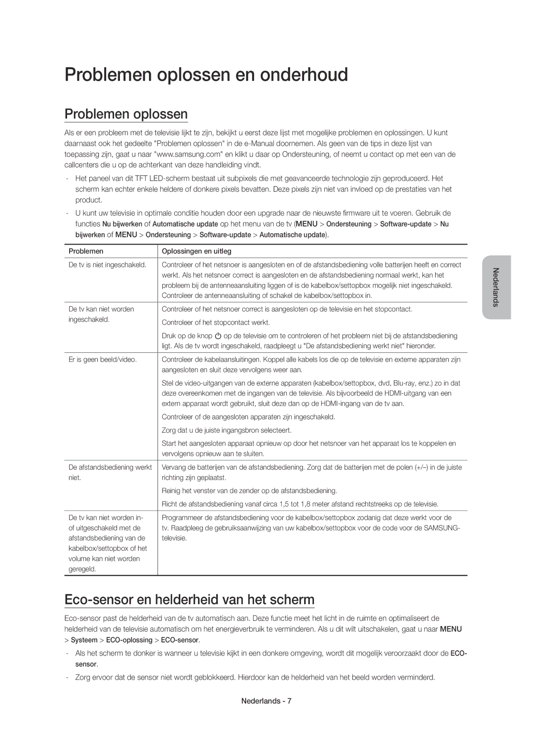 Samsung UE40JU6440WXXN, UE48JU6440WXXH manual Problemen oplossen en onderhoud, Eco-sensor en helderheid van het scherm 