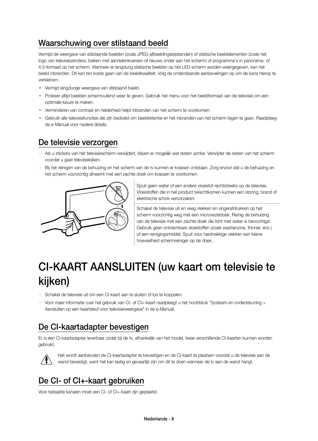 Samsung UE75JU6400KXXN manual CI-KAART Aansluiten uw kaart om televisie te kijken, Waarschuwing over stilstaand beeld 