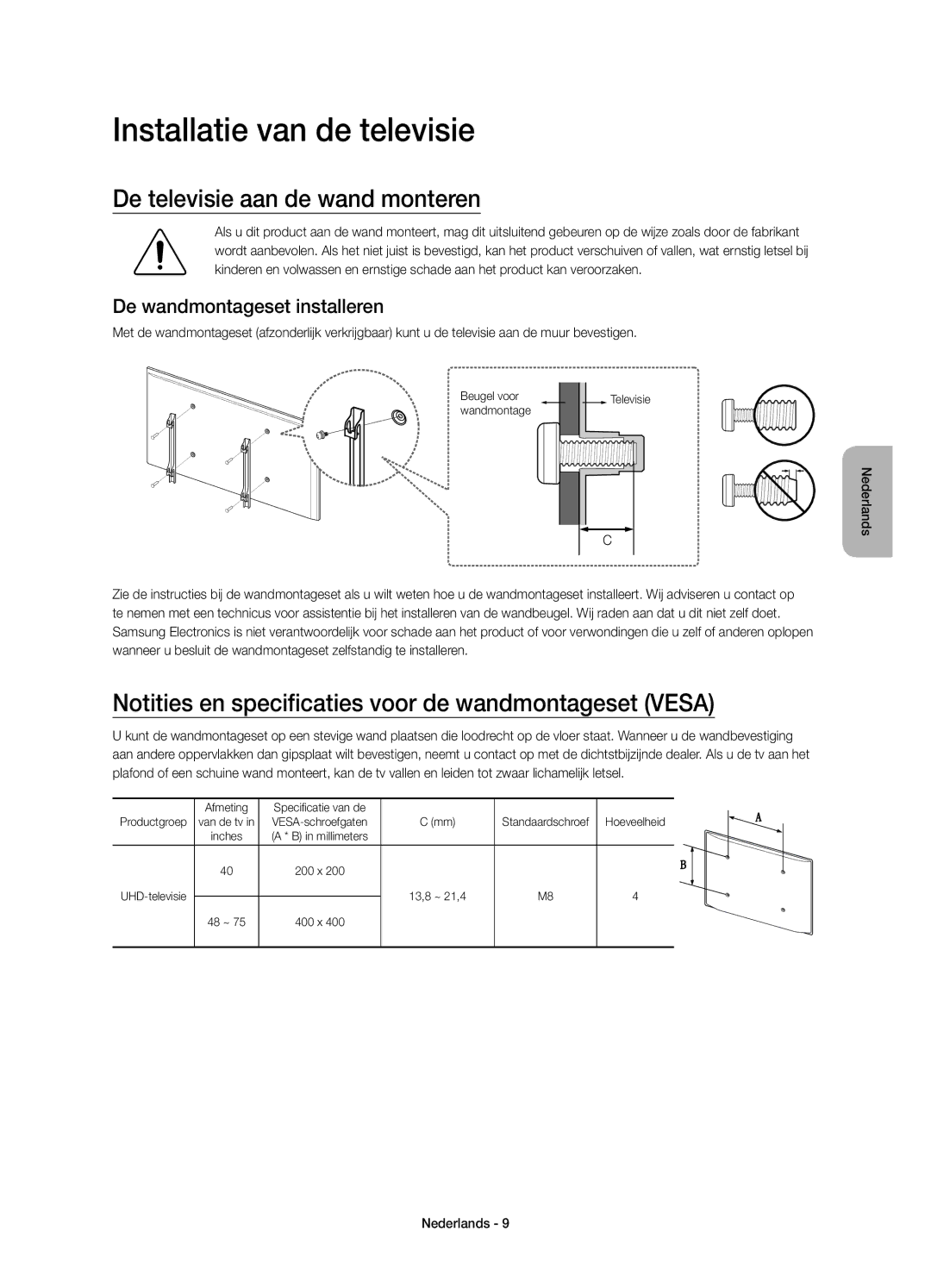 Samsung UE55JU6410UXXU Installatie van de televisie, De televisie aan de wand monteren, De wandmontageset installeren 