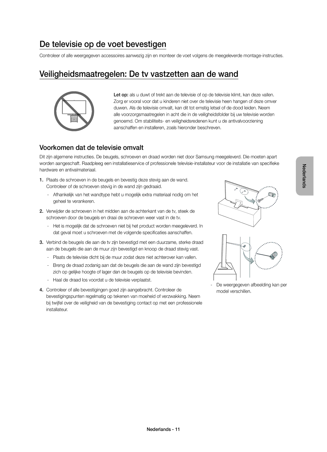 Samsung UE40JU6400KXXU manual De televisie op de voet bevestigen, Veiligheidsmaatregelen De tv vastzetten aan de wand 