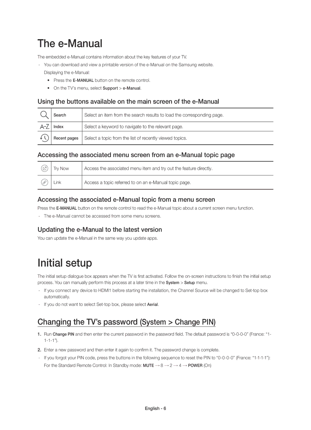 Samsung UE55JU6410UXZF, UE48JU6440WXXH manual E-Manual, Initial setup, Changing the TV’s password System Change PIN 