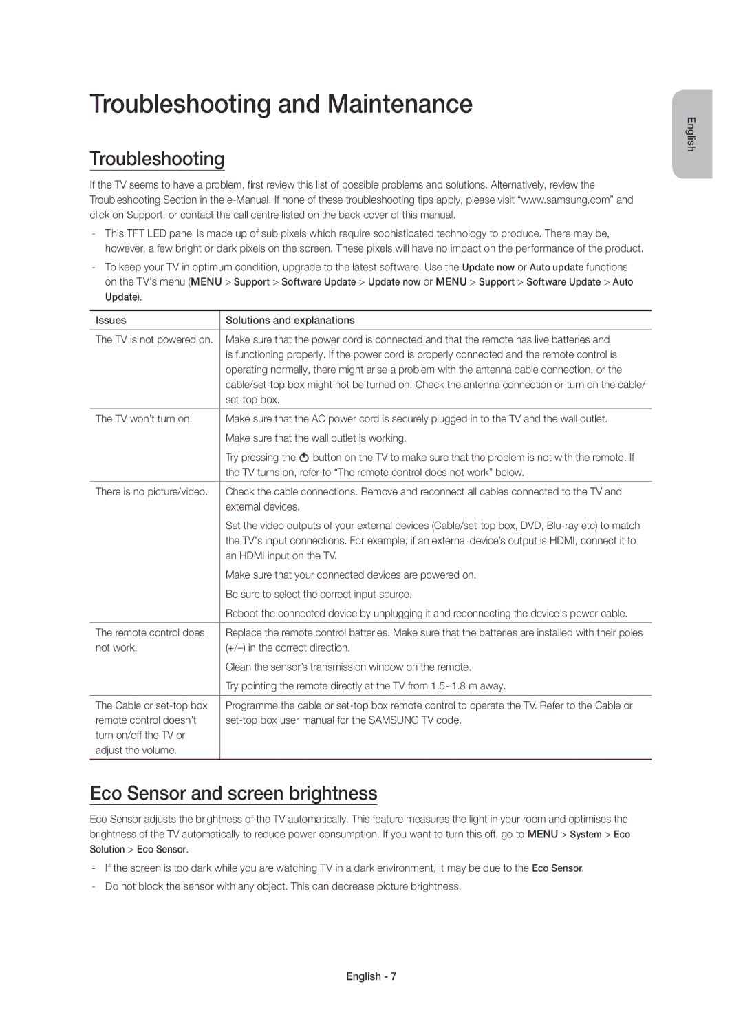 Samsung UE48JU6410UXZF, UE48JU6440WXXH, UE40JU6410UXXC Troubleshooting and Maintenance, Eco Sensor and screen brightness 