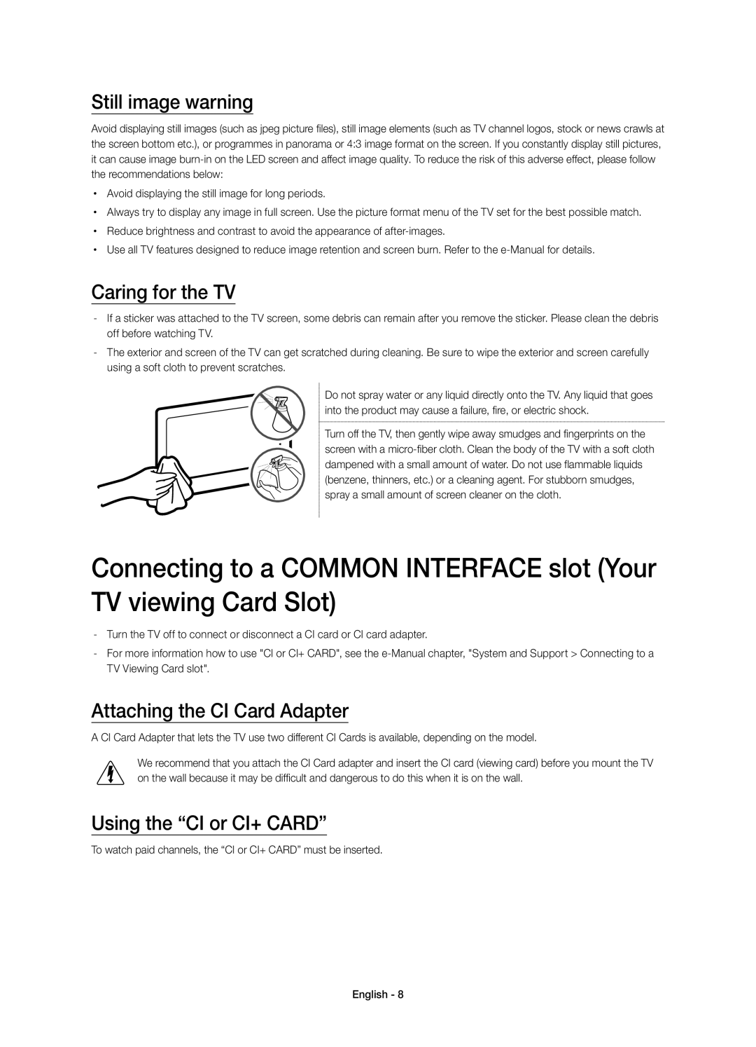 Samsung UE40JU6400KXZF Still image warning, Caring for the TV, Attaching the CI Card Adapter, Using the CI or CI+ Card 