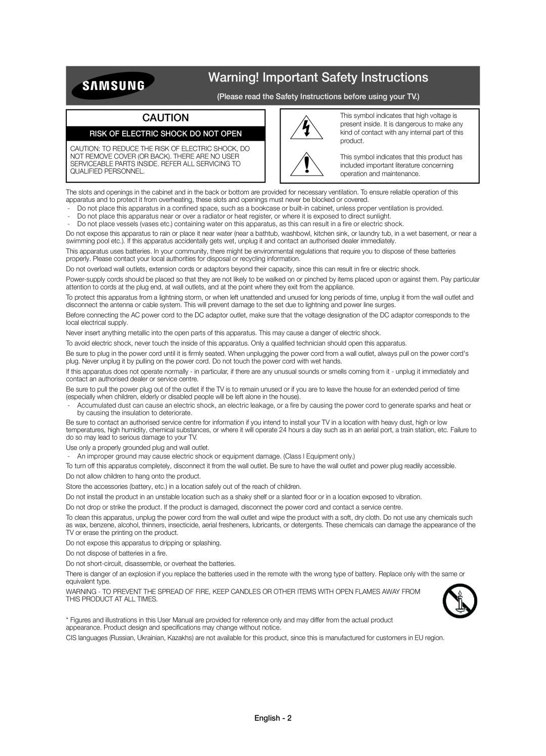 Samsung UE48JU6400KXXC Warning! Important Safety Instructions, Please read the Safety Instructions before using your TV 