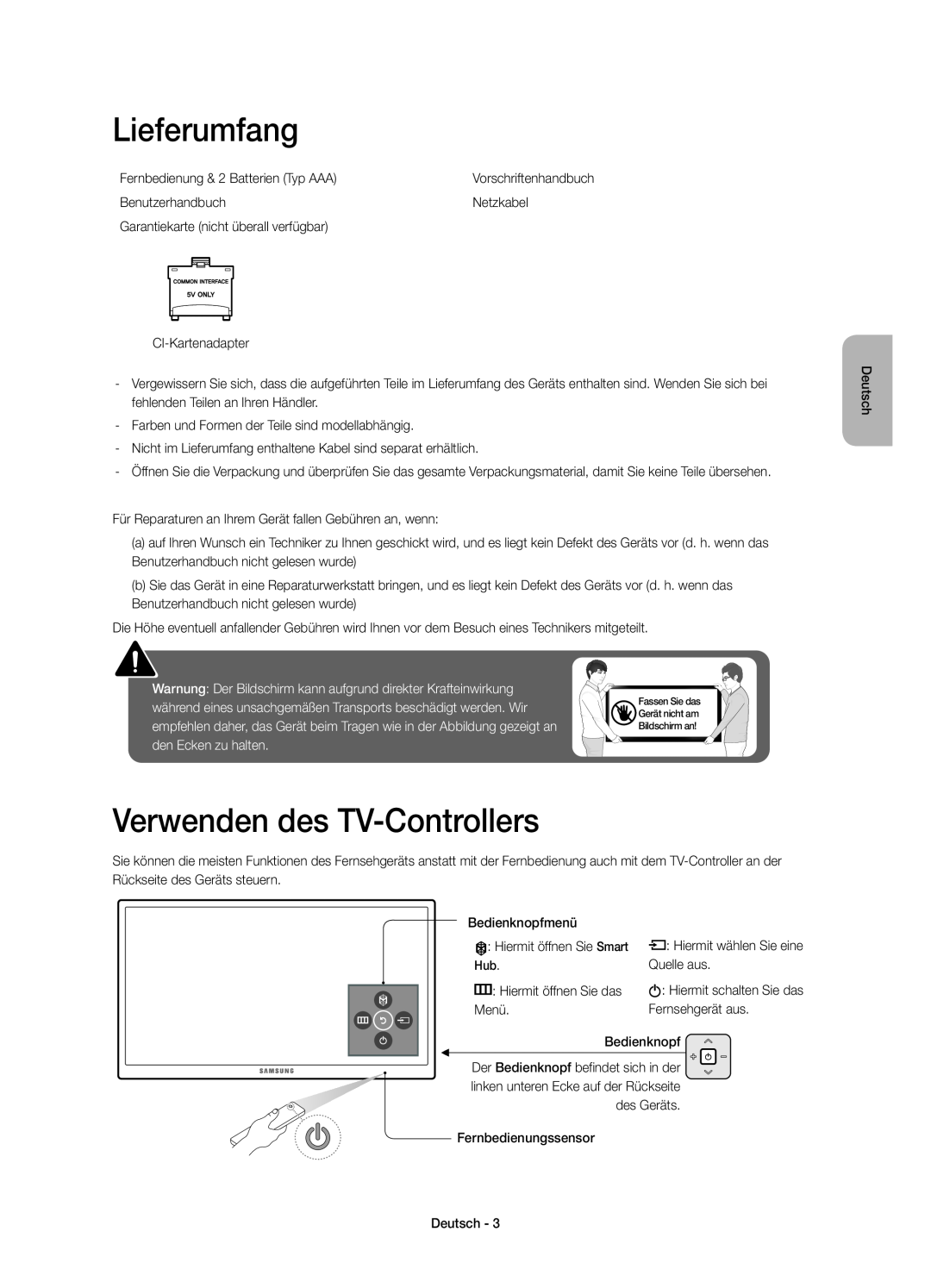 Samsung UE75JU6400KXXC, UE48JU6440WXXH, UE40JU6410UXXC manual Lieferumfang, Verwenden des TV-Controllers, den Ecken zu halten 