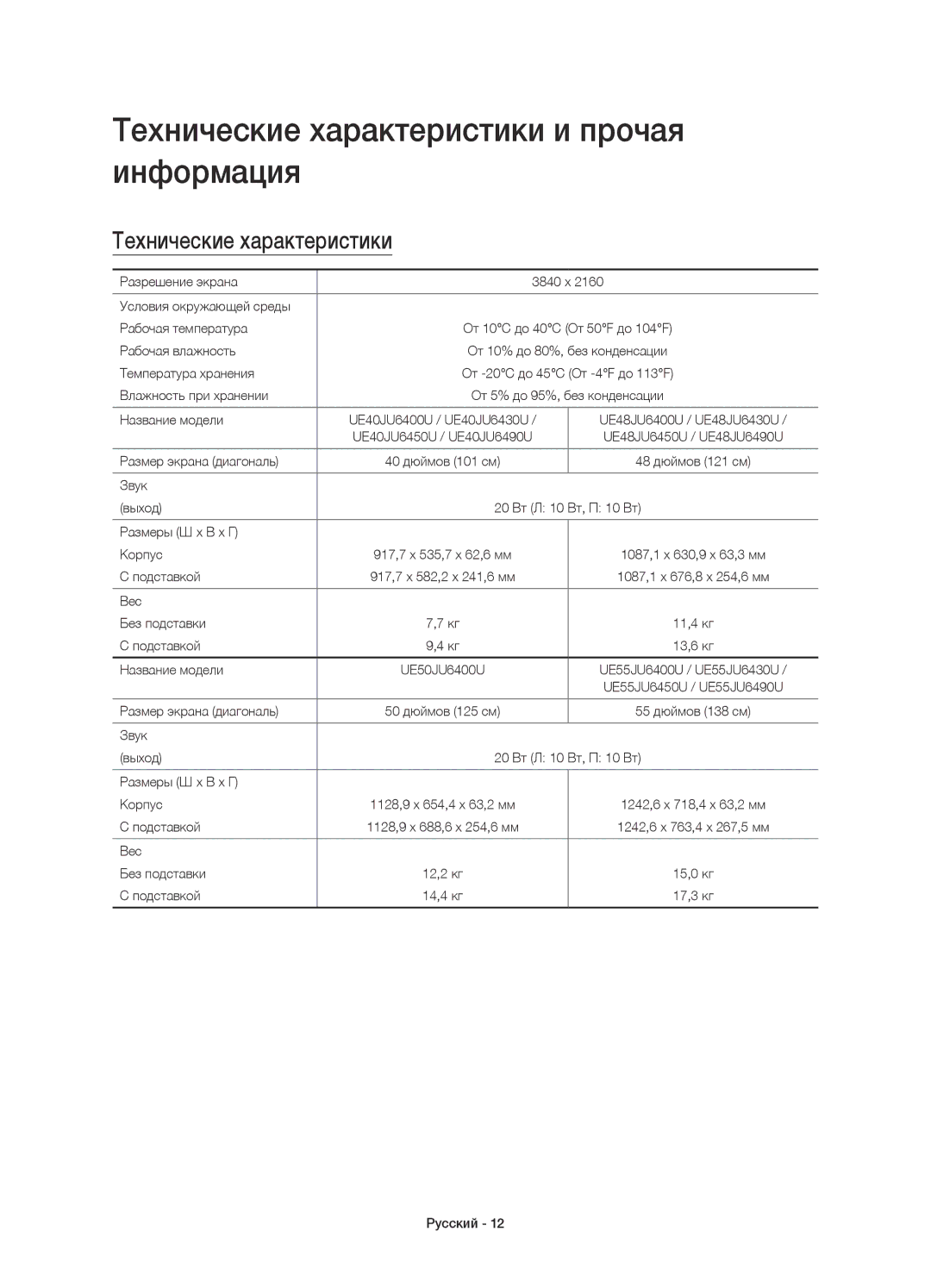 Samsung UE40JU6400UXRU, UE48JU6450UXRU, UE55JU6430UXRU, UE48JU6430UXRU manual Технические характеристики и прочая информация 