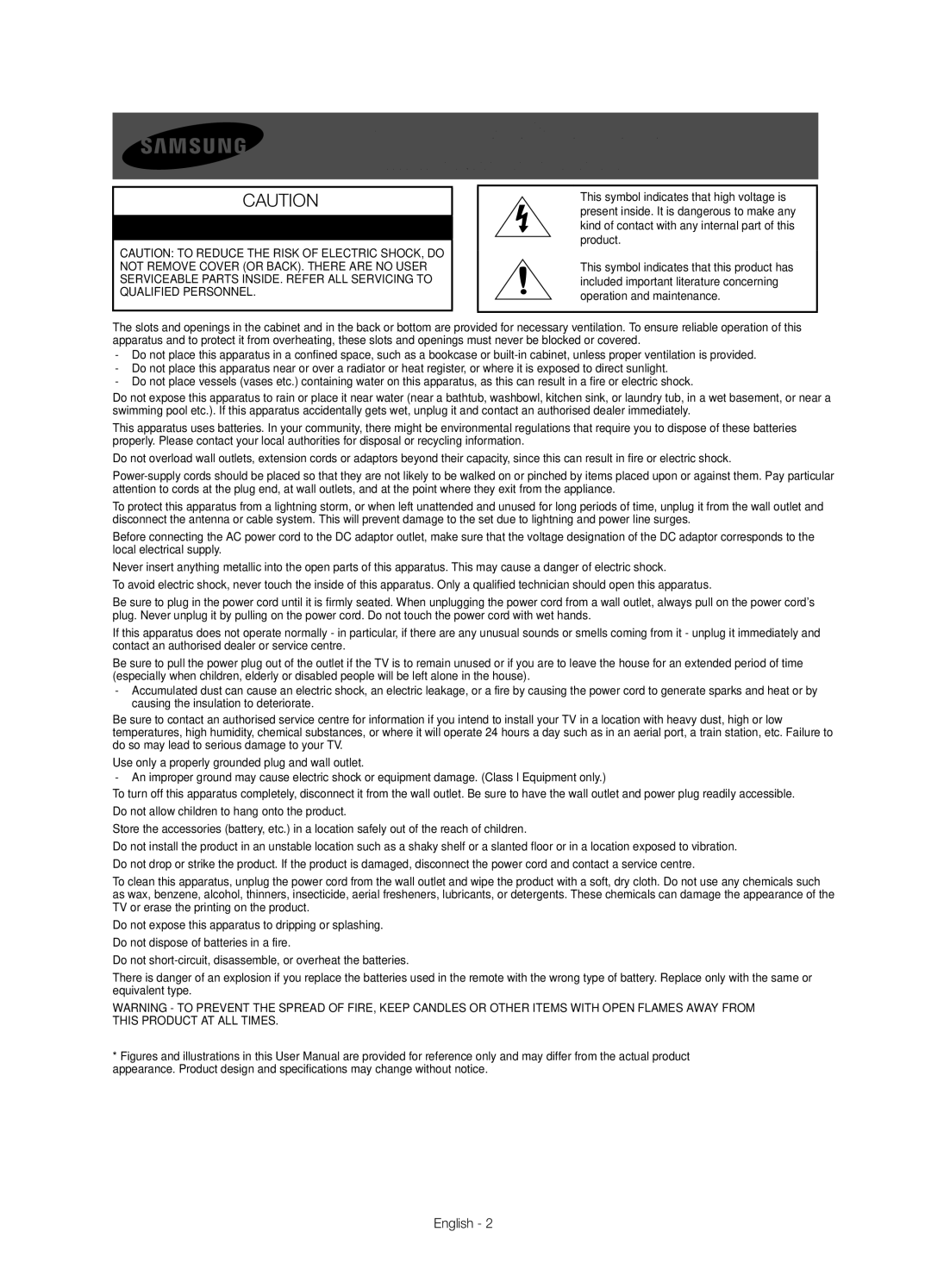 Samsung UE48JU6450UXRU, UE55JU6430UXRU, UE48JU6430UXRU, UE40JU6450UXRU manual Risk of Electric Shock do not Open, English 