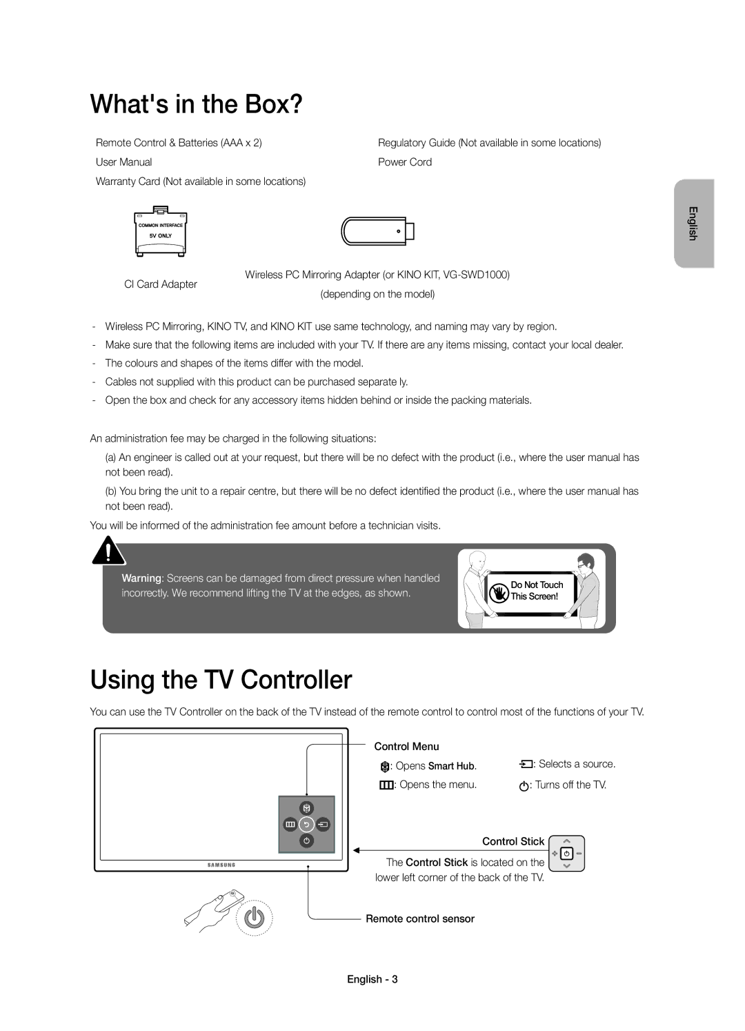 Samsung UE55JU6430UXRU manual Whats in the Box?, Using the TV Controller, Control Stick, Remote control sensor English 