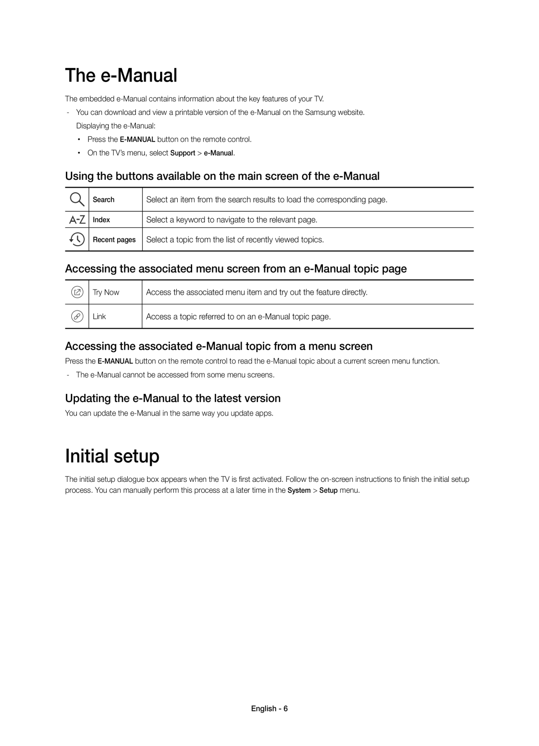 Samsung UE40JU6490UXRU manual E-Manual, Initial setup, Accessing the associated menu screen from an e-Manual topic 