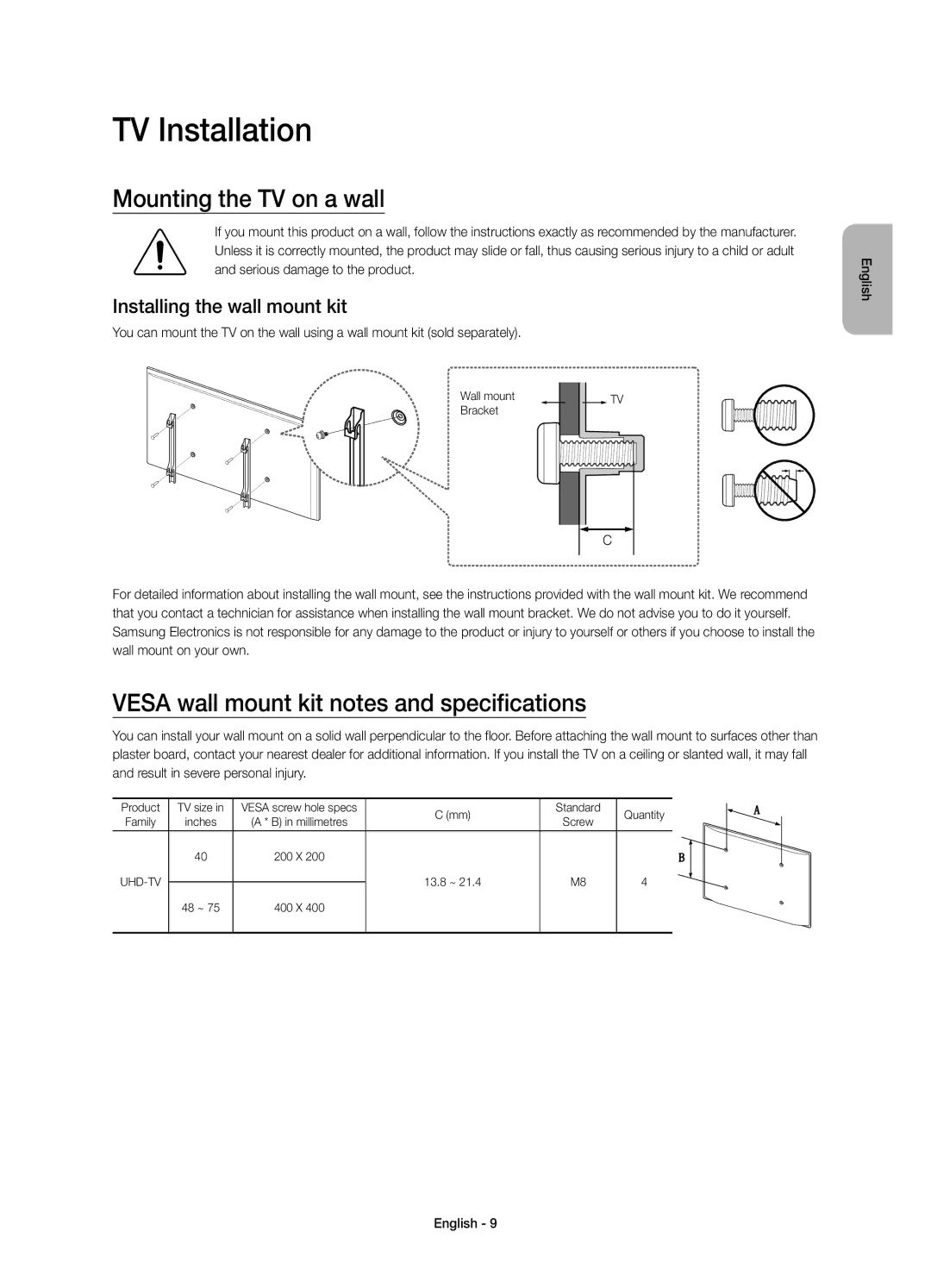 Samsung UE65JU6400UXRU manual TV Installation, Mounting the TV on a wall, Vesa wall mount kit notes and specifications 