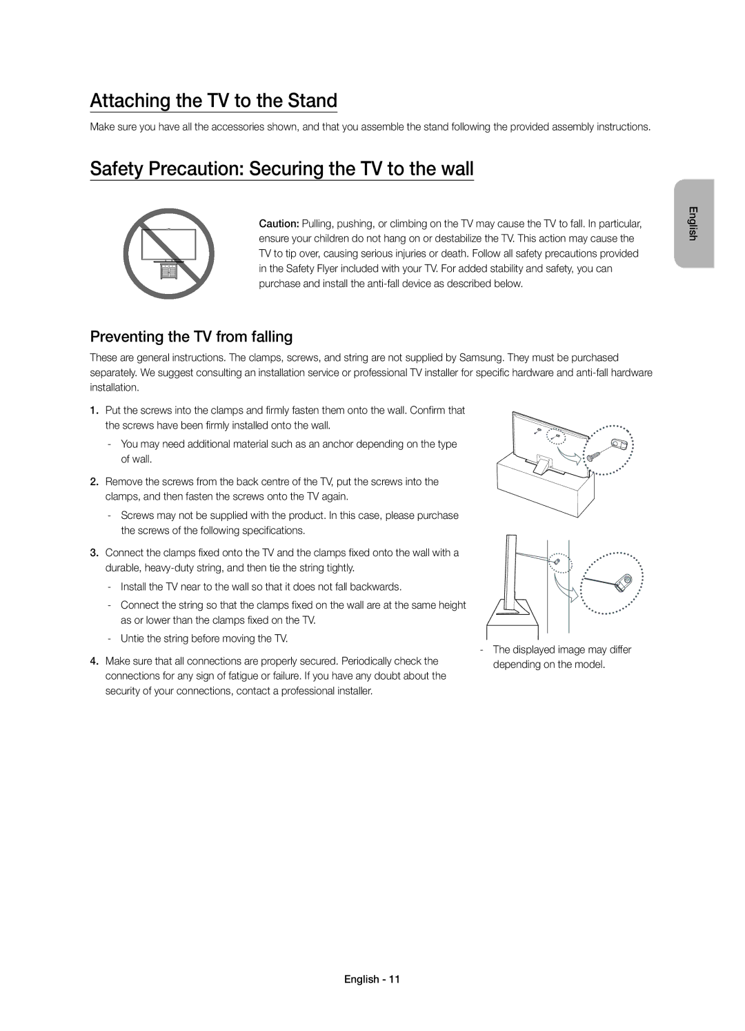 Samsung UE40JU6530UXRU, UE48JU6450UXRU manual Attaching the TV to the Stand, Safety Precaution Securing the TV to the wall 