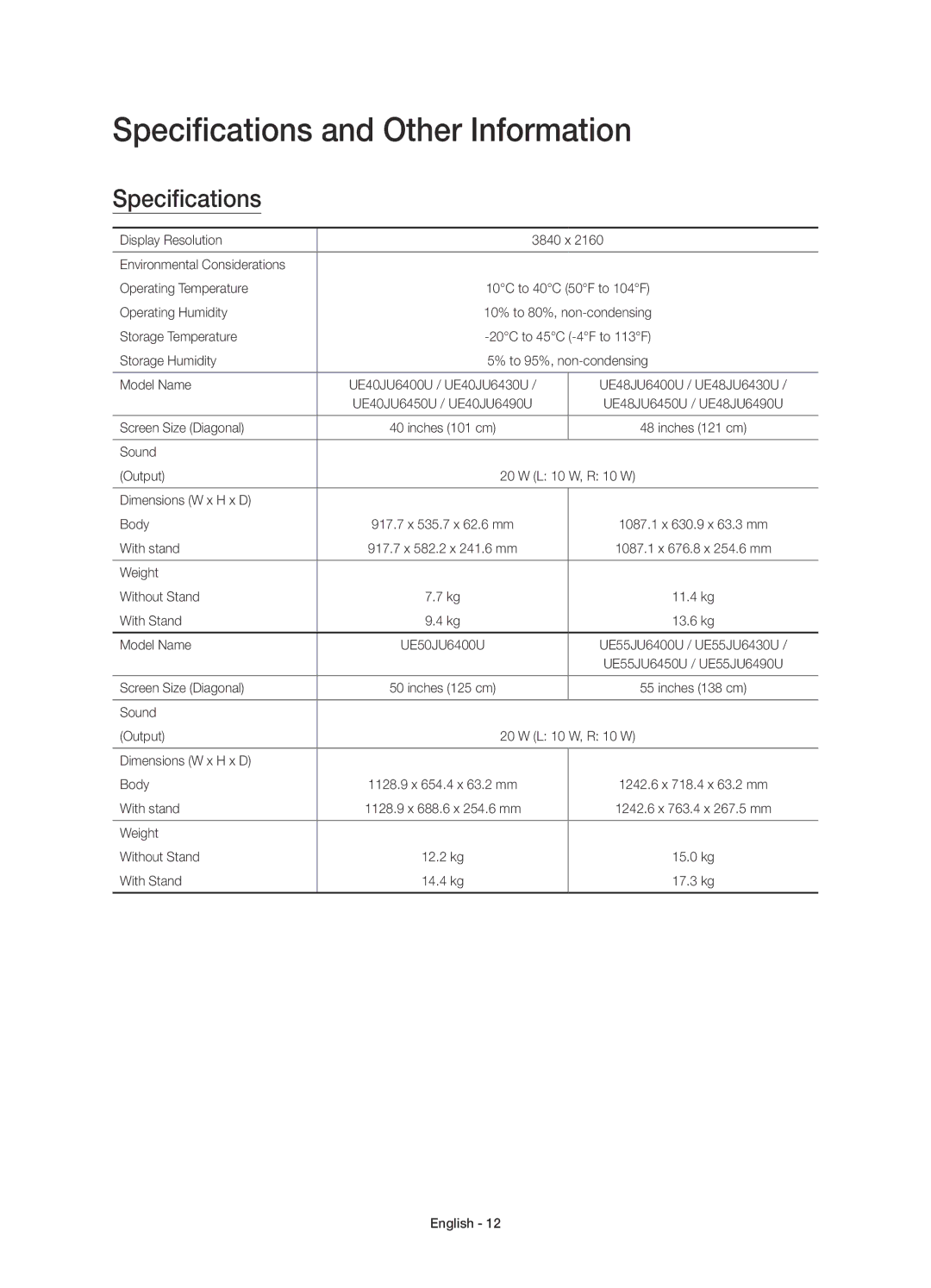 Samsung UE48JU6530UXRU, UE48JU6450UXRU, UE55JU6430UXRU, UE48JU6430UXRU, UE40JU6450UXRU Specifications and Other Information 