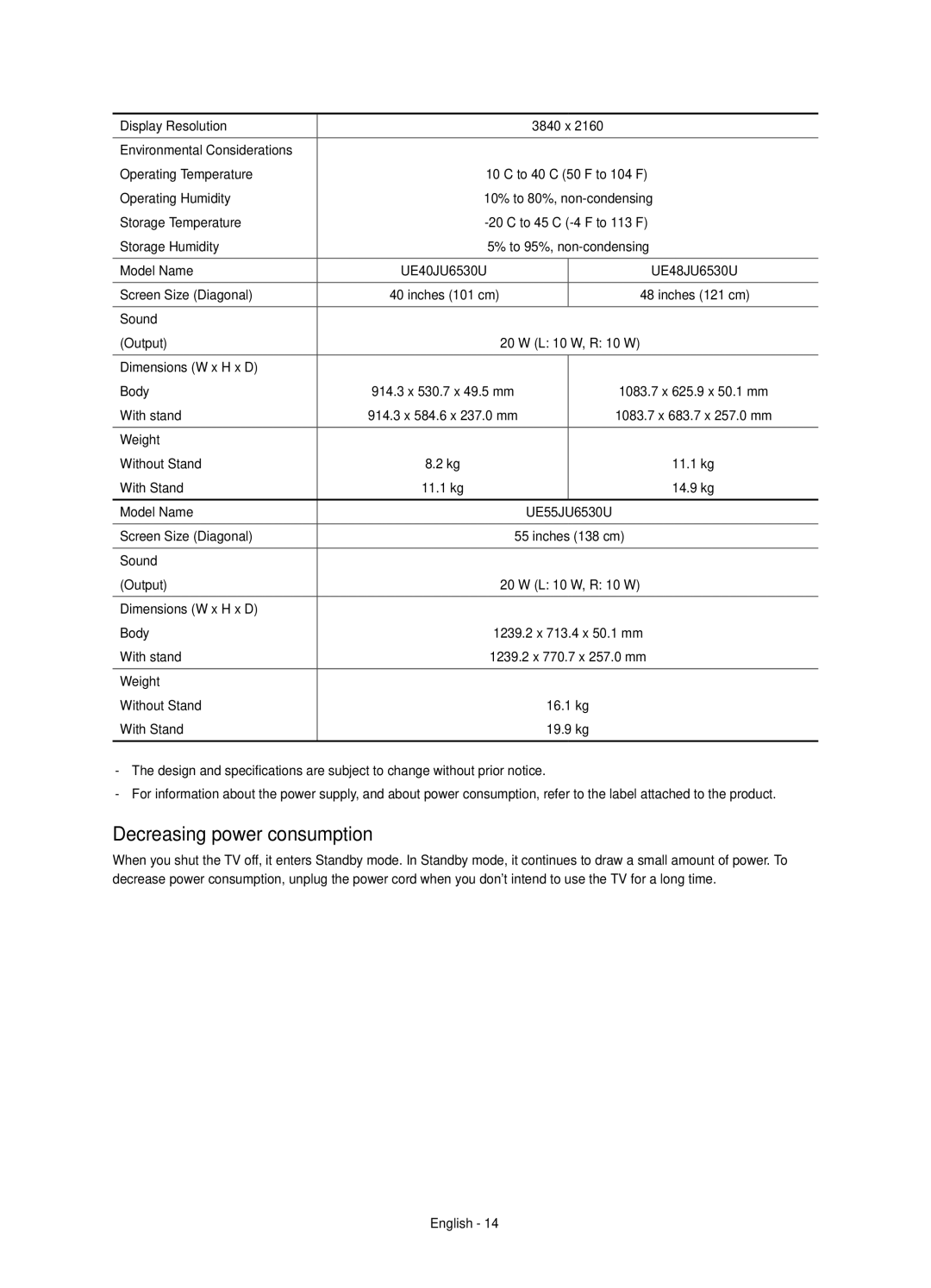 Samsung UE40JU6400UXRU, UE48JU6450UXRU, UE55JU6430UXRU, UE48JU6430UXRU, UE40JU6450UXRU manual Decreasing power consumption 