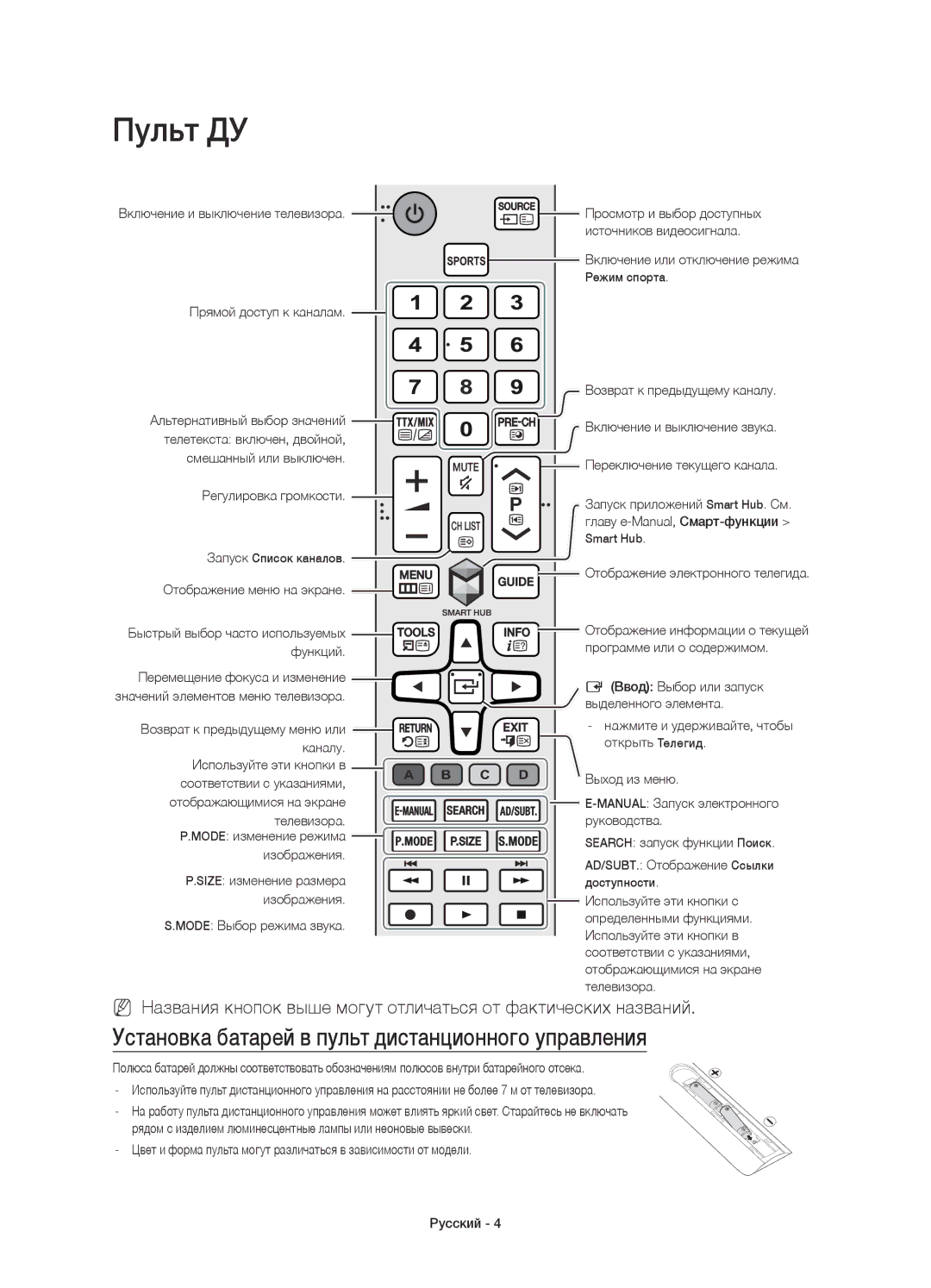 Samsung UE40JU6490UXRU, UE48JU6450UXRU, UE55JU6430UXRU manual Пульт ДУ, Установка батарей в пульт дистанционного управления 