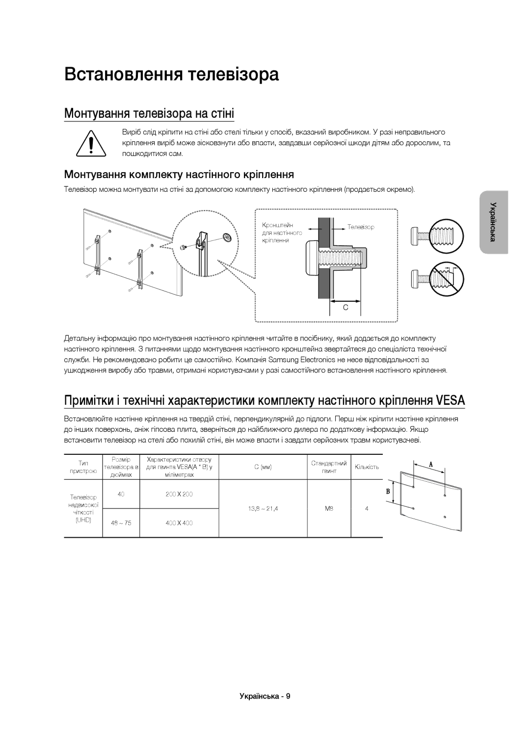 Samsung UE48JU6400UXRU Встановлення телевізора, Монтування телевізора на стіні, Монтування комплекту настінного кріплення 