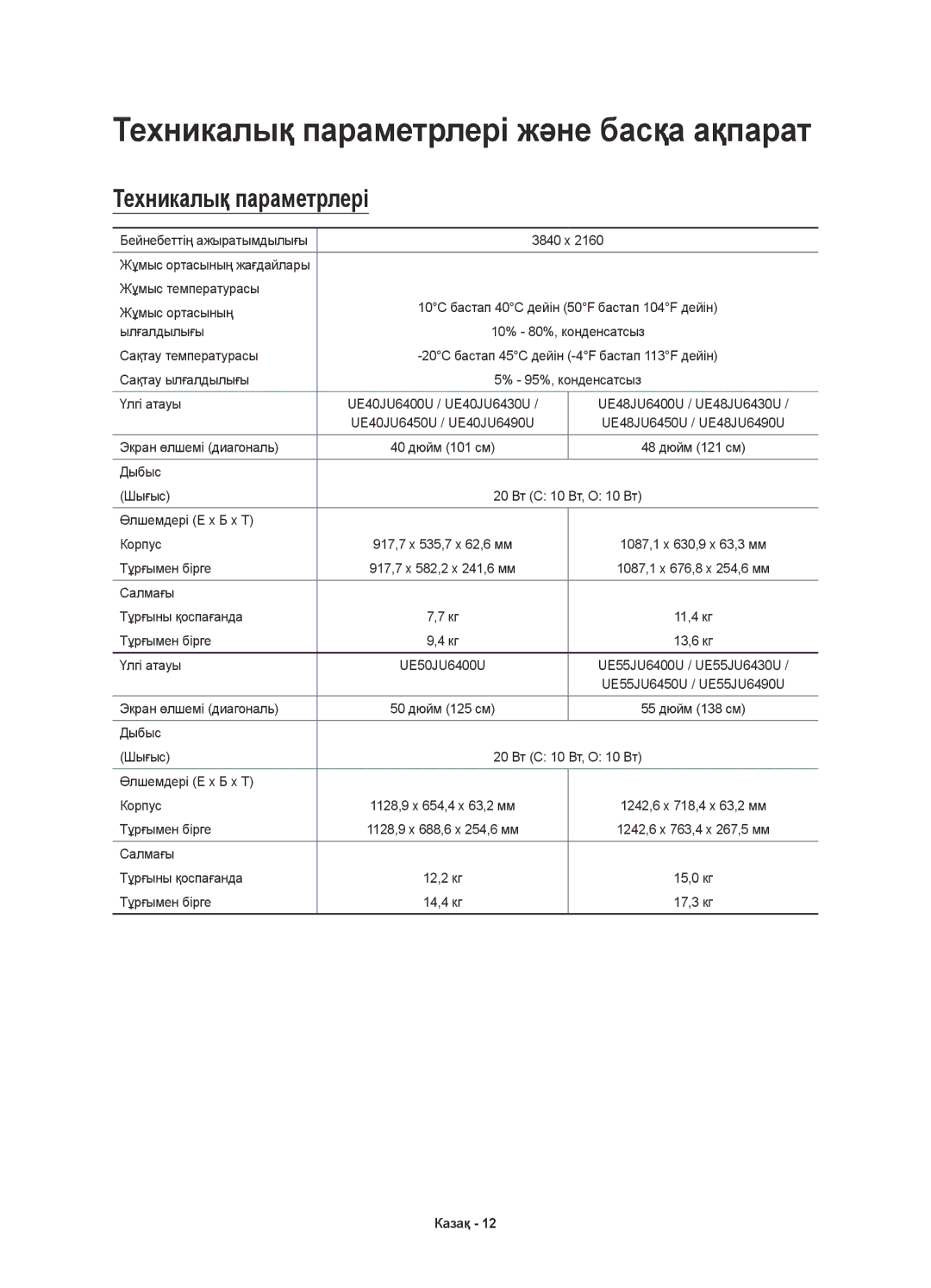 Samsung UE60JU6400UXRU, UE48JU6450UXRU, UE55JU6430UXRU, UE48JU6430UXRU, UE40JU6450UXRU, UE40JU6490UXRU Техникалық параметрлері 