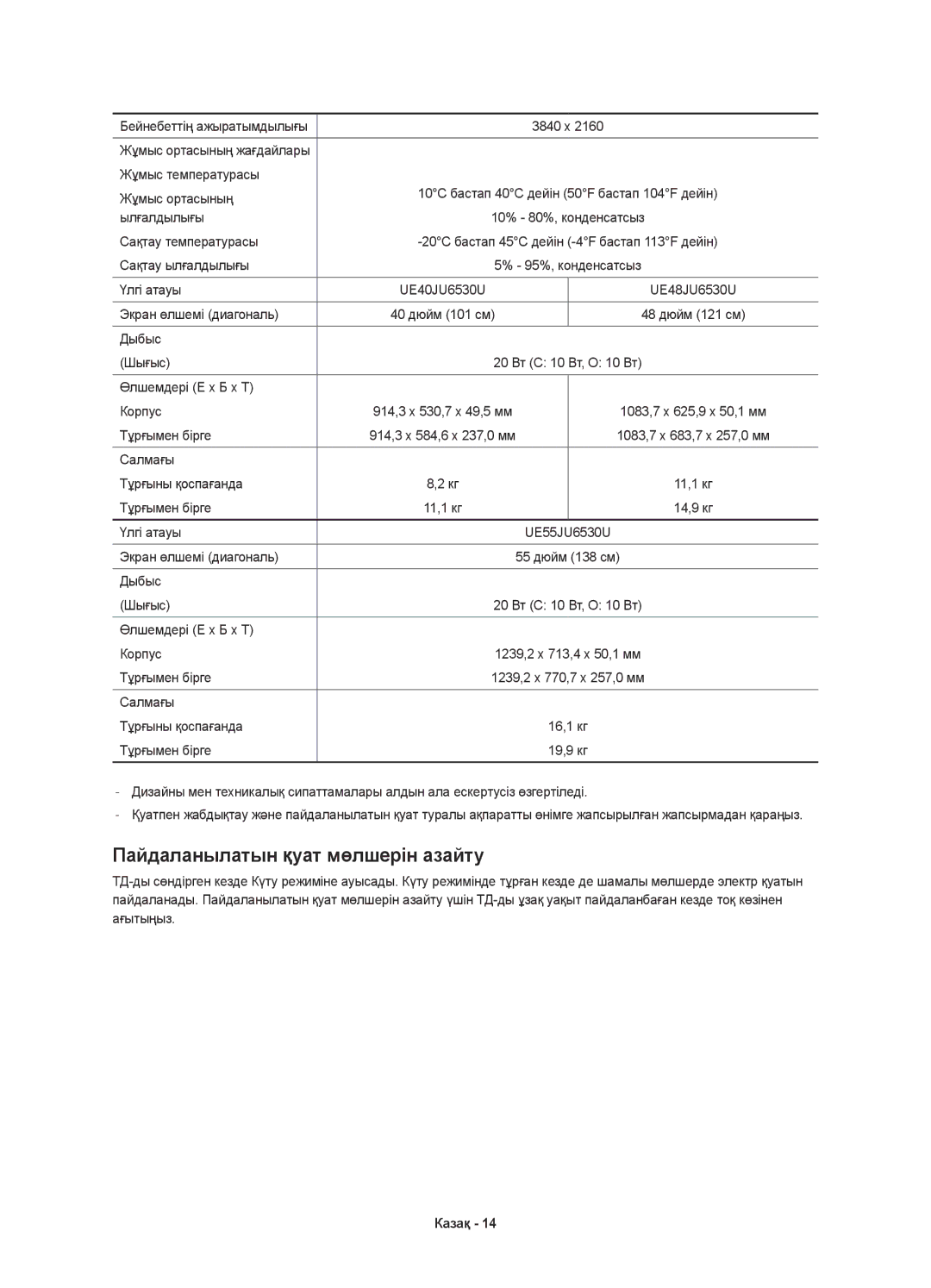 Samsung UE75JU6400UXRU, UE48JU6450UXRU, UE55JU6430UXRU manual Үлгі атауы UE40JU6530U UE48JU6530U Экран өлшемі диагональ 