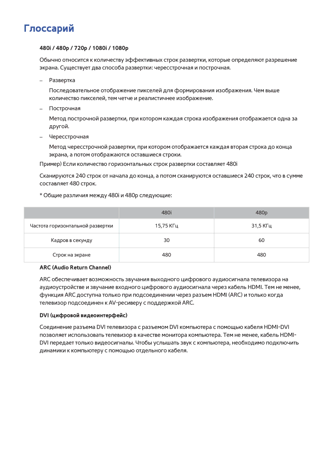 Samsung UE40JU6472UXXH, UE48JU6495UXZG, UE48JU6490UXZG, UE40JU6450UXZG manual Глоссарий, 480i / 480p / 720p / 1080i / 1080p 