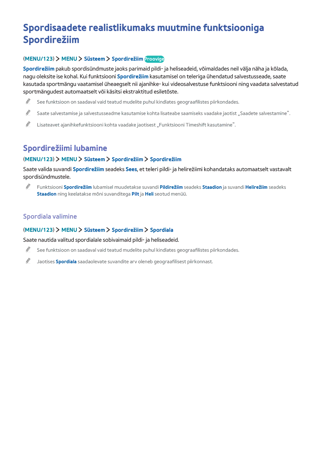 Samsung UE40JU6740UXZG manual Spordirežiimi lubamine, Spordiala valimine, MENU/123 Menu Süsteem Spordirežiim Proovige 
