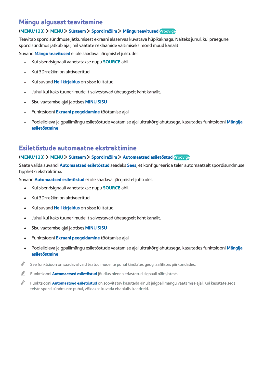 Samsung UE50JU6872UXXH, UE48JU6495UXZG, UE48JU6490UXZG Mängu algusest teavitamine, Esiletõstude automaatne ekstraktimine 