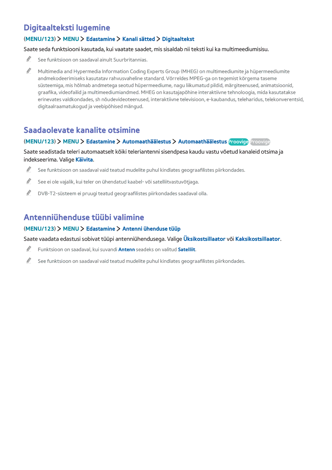 Samsung UE65JU6550UXZG manual Digitaalteksti lugemine, Saadaolevate kanalite otsimine, Antenniühenduse tüübi valimine 