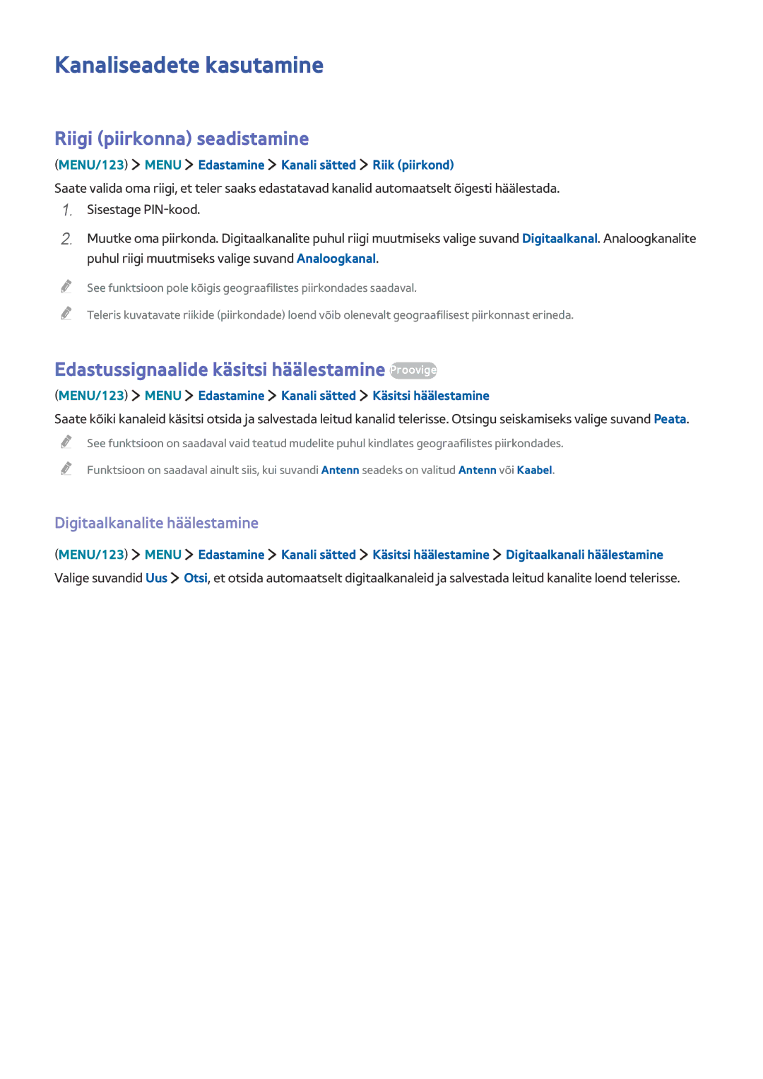 Samsung UE55JU6872UXXH manual Kanaliseadete kasutamine, Riigi piirkonna seadistamine, Digitaalkanalite häälestamine 