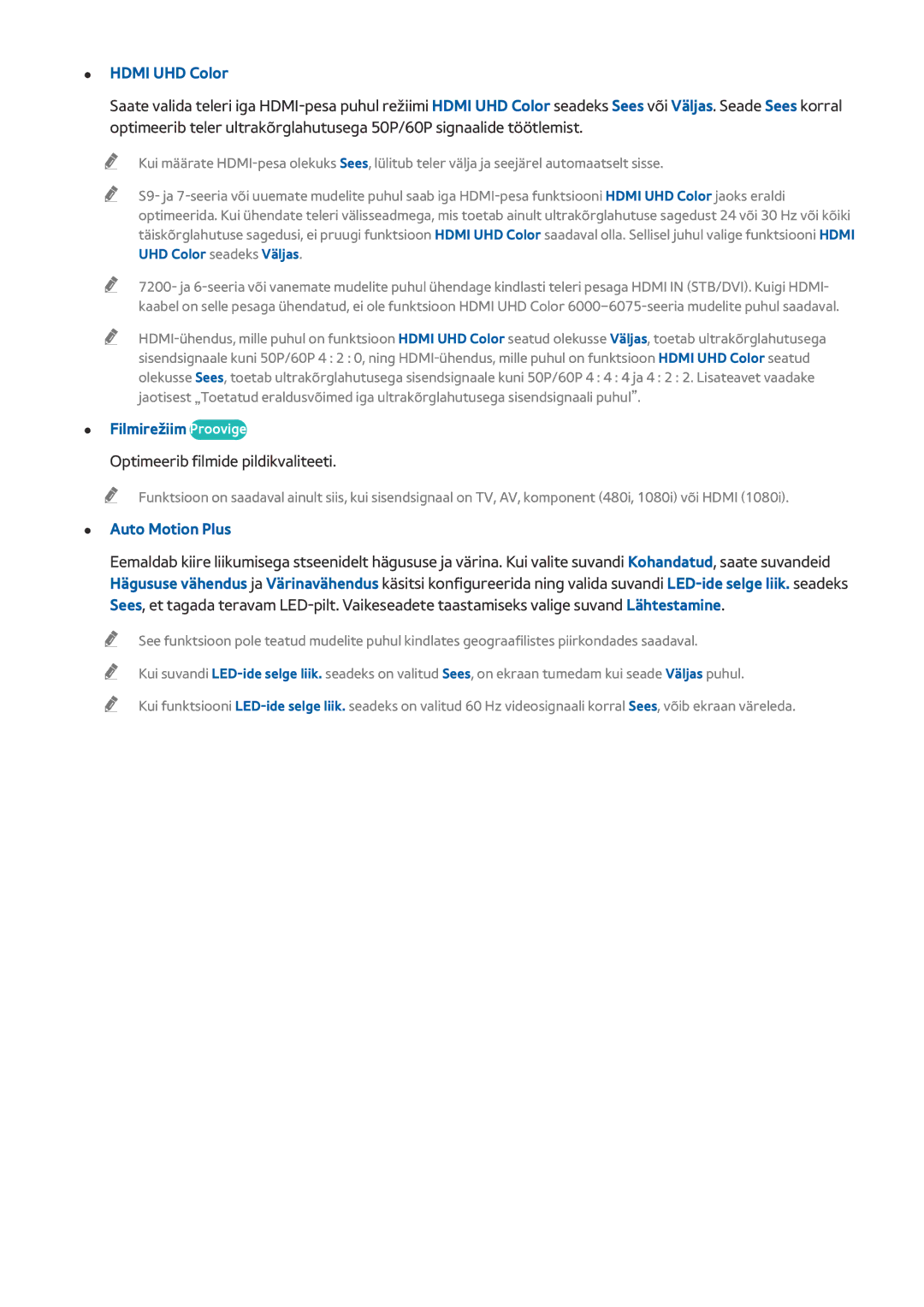 Samsung UE48JS8502TXXH manual Hdmi UHD Color, Filmirežiim Proovige, Optimeerib filmide pildikvaliteeti, Auto Motion Plus 