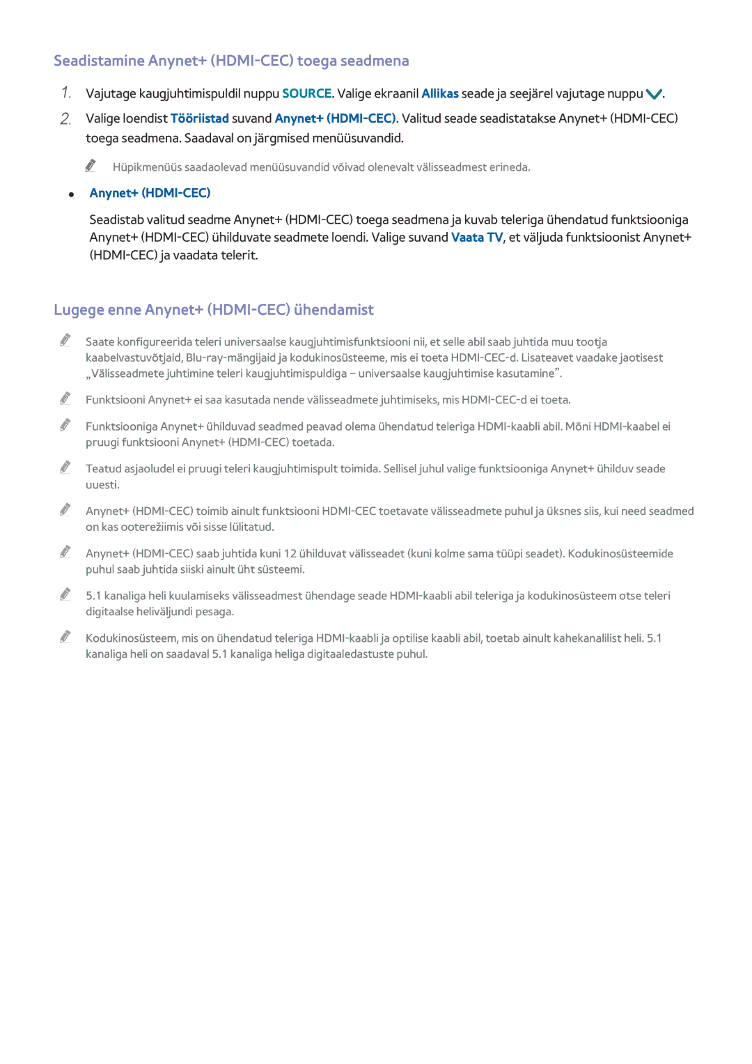 Samsung UE65JU7002TXXH manual Seadistamine Anynet+ HDMI-CEC toega seadmena, Lugege enne Anynet+ HDMI-CEC ühendamist 