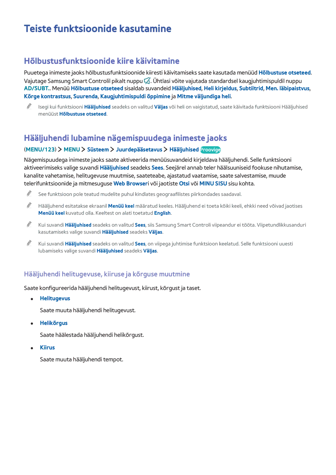 Samsung UE48JU7502TXXH, UE48JU6495UXZG manual Teiste funktsioonide kasutamine, Hõlbustusfunktsioonide kiire käivitamine 