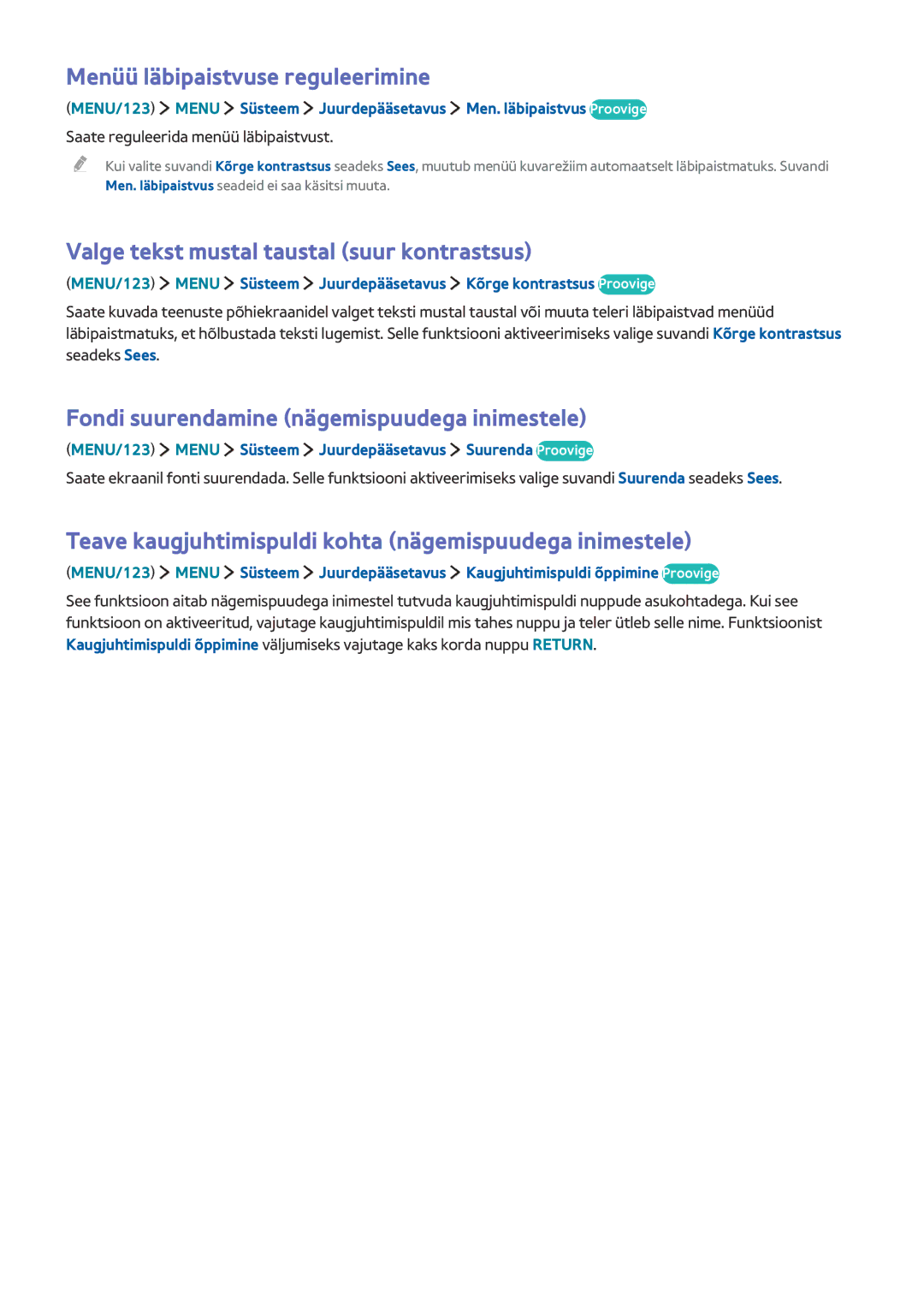 Samsung UE40JU6412UXXH, UE48JU6495UXZG manual Menüü läbipaistvuse reguleerimine, Valge tekst mustal taustal suur kontrastsus 