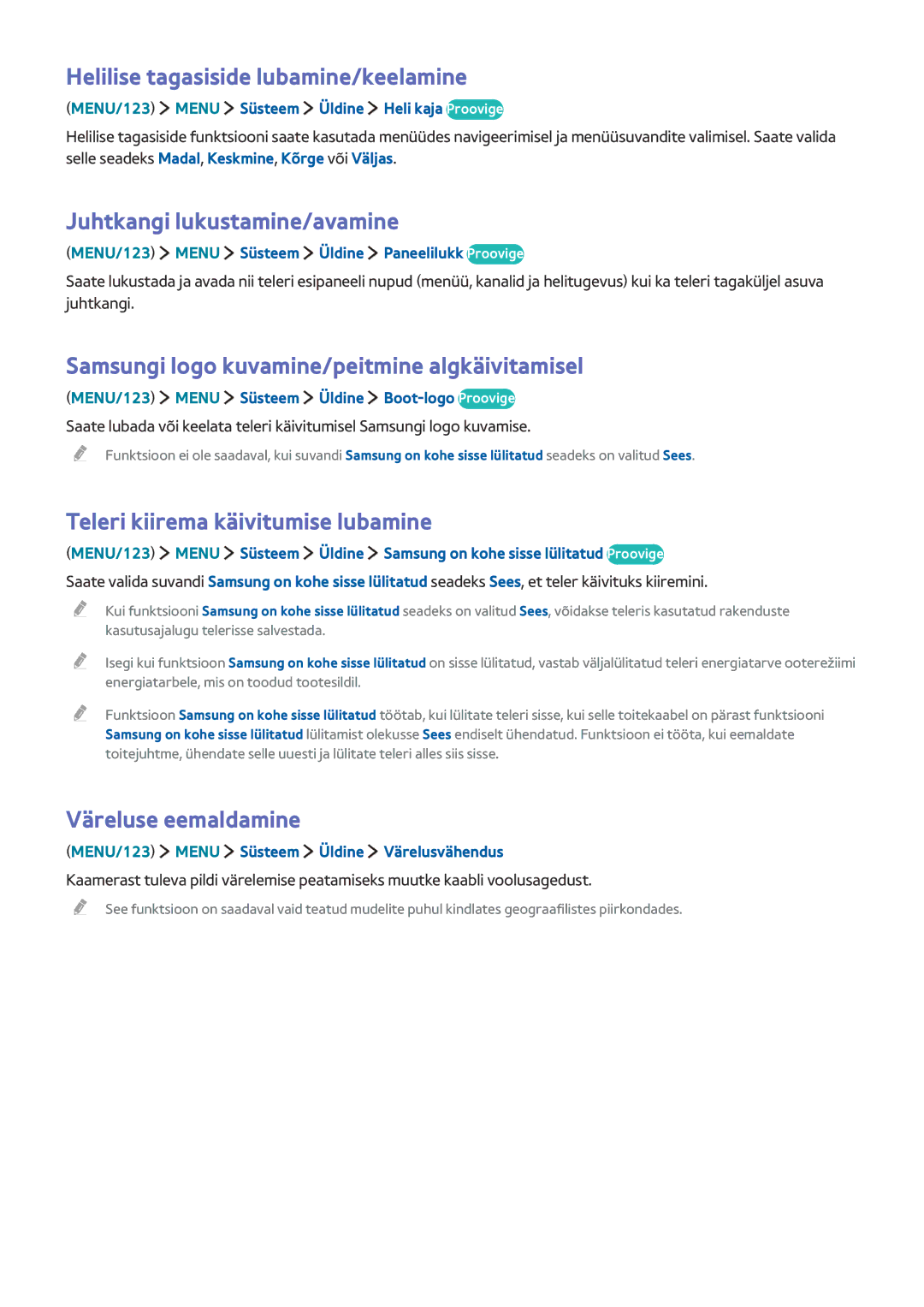 Samsung UE78JU7502TXXH manual Helilise tagasiside lubamine/keelamine, Juhtkangi lukustamine/avamine, Väreluse eemaldamine 