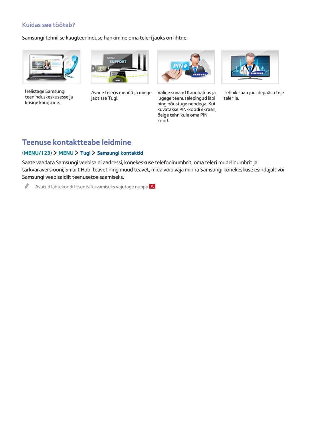 Samsung UE48JU6642UXXH manual Teenuse kontaktteabe leidmine, Kuidas see töötab?, MENU/123 Menu Tugi Samsungi kontaktid 