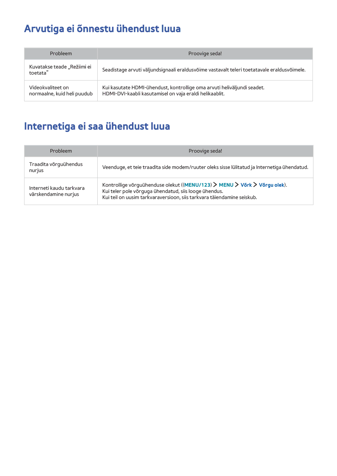 Samsung UE40JU6652UXXH, UE48JU6495UXZG, UE48JU6490UXZG Arvutiga ei õnnestu ühendust luua, Internetiga ei saa ühendust luua 