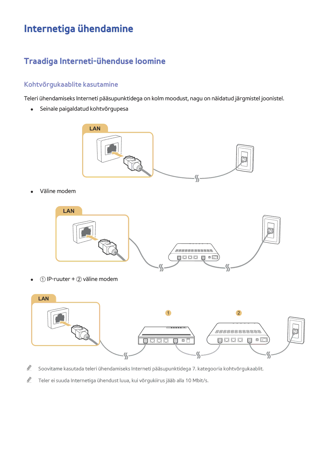 Samsung UE40JU6550UXZG manual Internetiga ühendamine, Traadiga Interneti-ühenduse loomine, Kohtvõrgukaablite kasutamine 