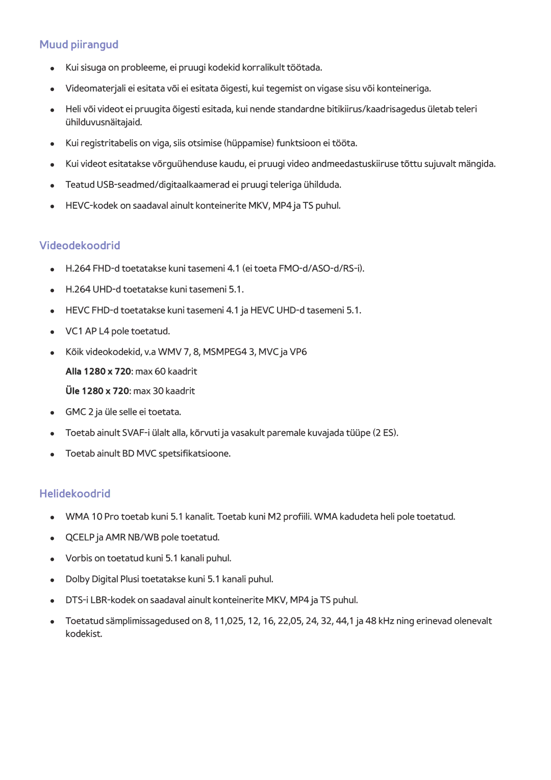 Samsung UE48JU6580UXZG, UE48JU6495UXZG, UE48JU6490UXZG, UE40JU6450UXZG manual Muud piirangud, Videodekoodrid, Helidekoodrid 