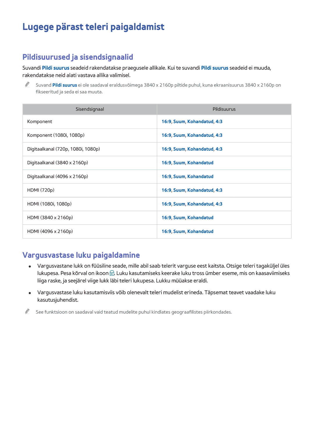 Samsung UE55JU6450UXZG manual Lugege pärast teleri paigaldamist, Pildisuurused ja sisendsignaalid, 169, Suum, Kohandatud 