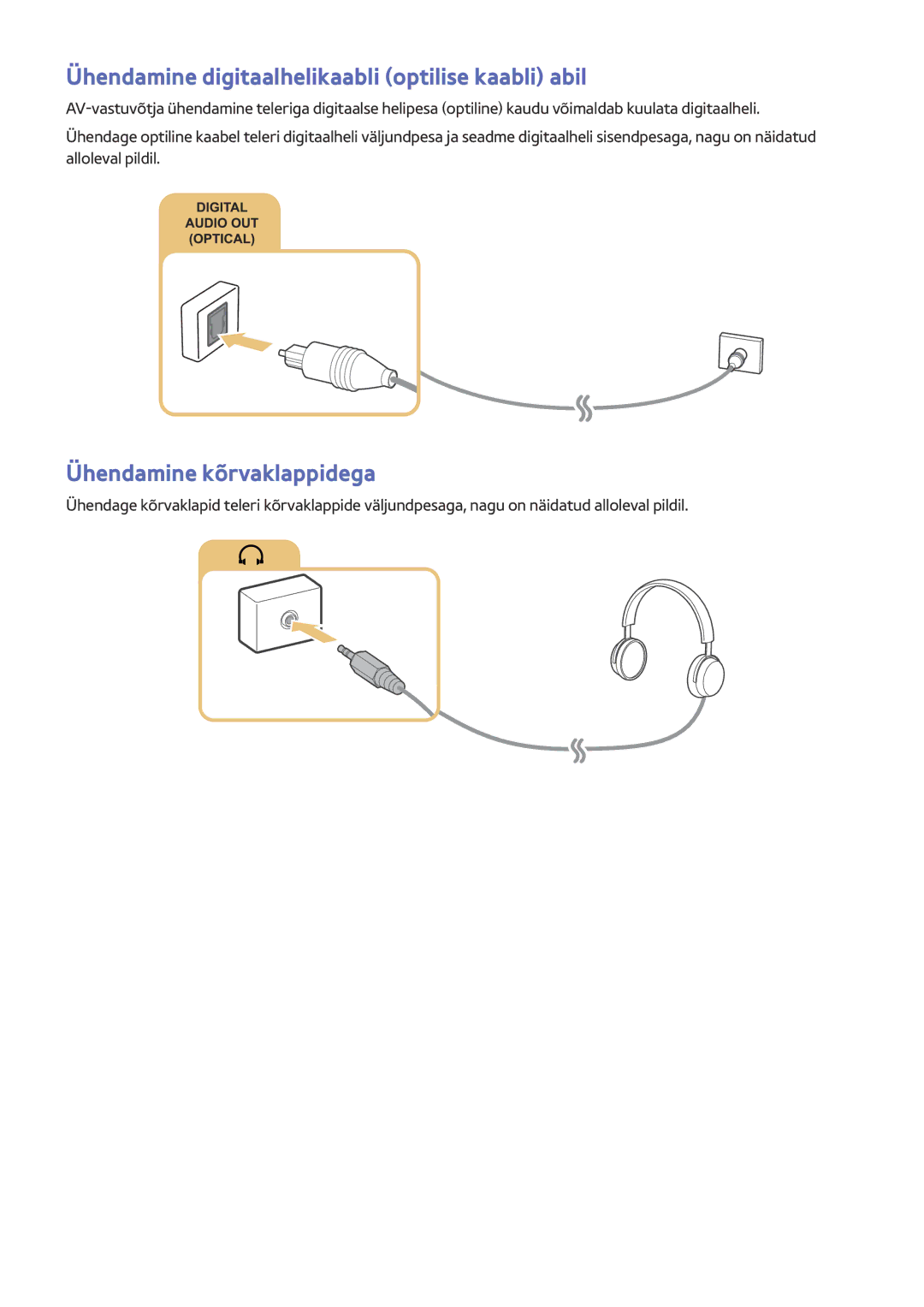 Samsung UE48JU6050UXZG, UE48JU6495UXZG manual Ühendamine digitaalhelikaabli optilise kaabli abil, Ühendamine kõrvaklappidega 