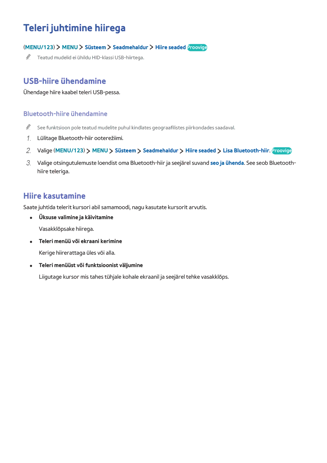 Samsung UE40JU6572UXXH manual Teleri juhtimine hiirega, USB-hiire ühendamine, Hiire kasutamine, Bluetooth-hiire ühendamine 