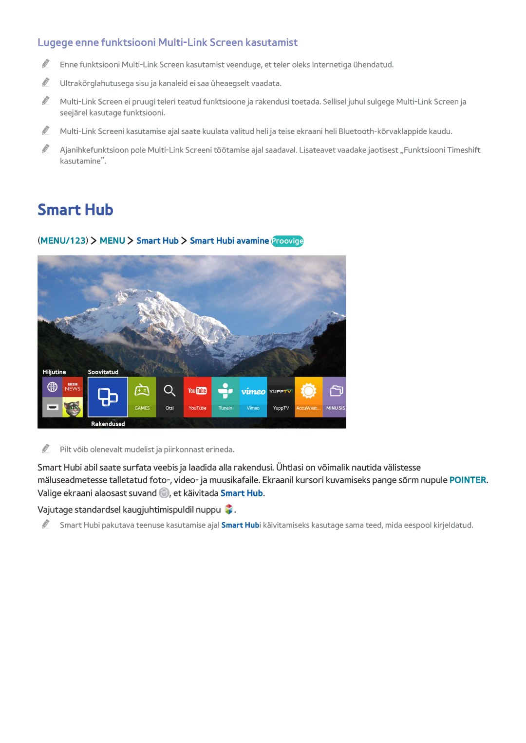 Samsung UE55JS8502TXXH, UE48JU6495UXZG, UE48JU6490UXZG manual Smart Hub, Lugege enne funktsiooni Multi-Link Screen kasutamist 