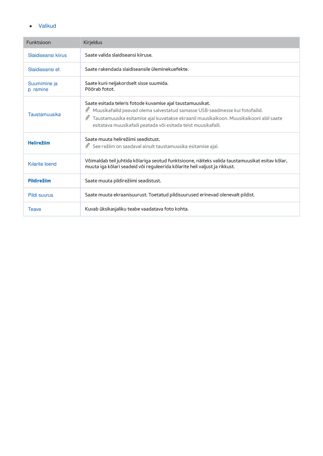 Samsung UE55JU6672UXXH manual Slaidiseansi kiirus, Slaidiseansi ef, Suumimine ja, Pööramine, Taustamuusika, Helirežiim 