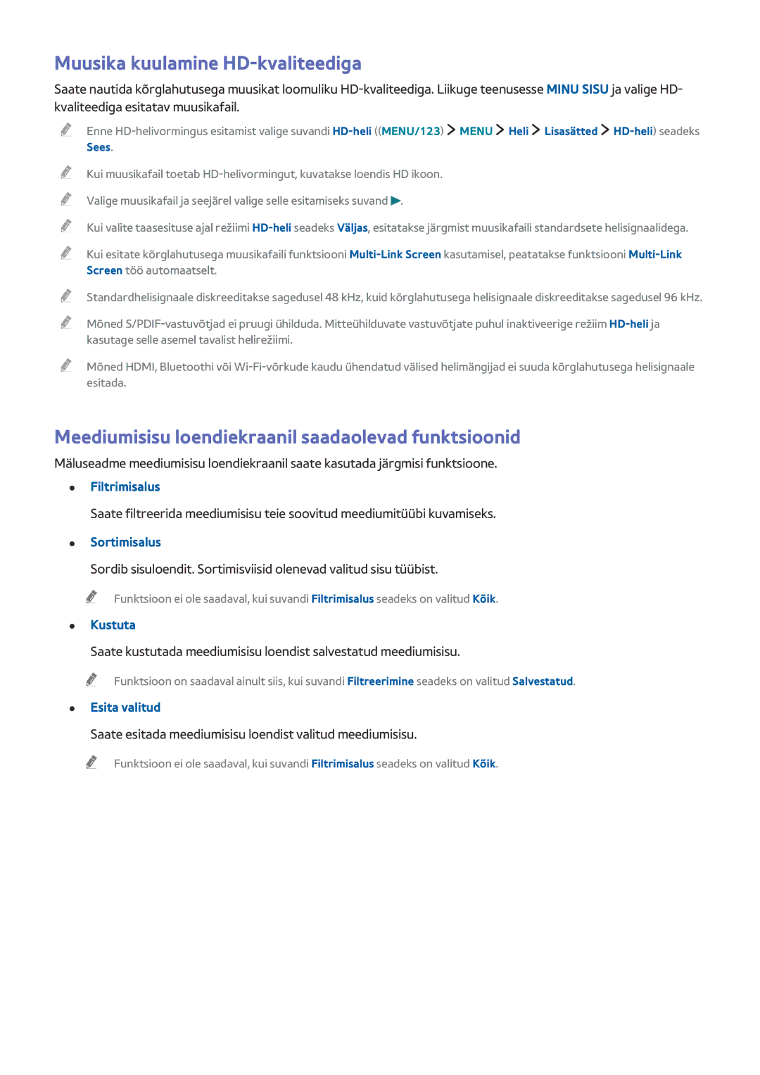 Samsung UE48JU6742UXXH manual Muusika kuulamine HD-kvaliteediga, Meediumisisu loendiekraanil saadaolevad funktsioonid 