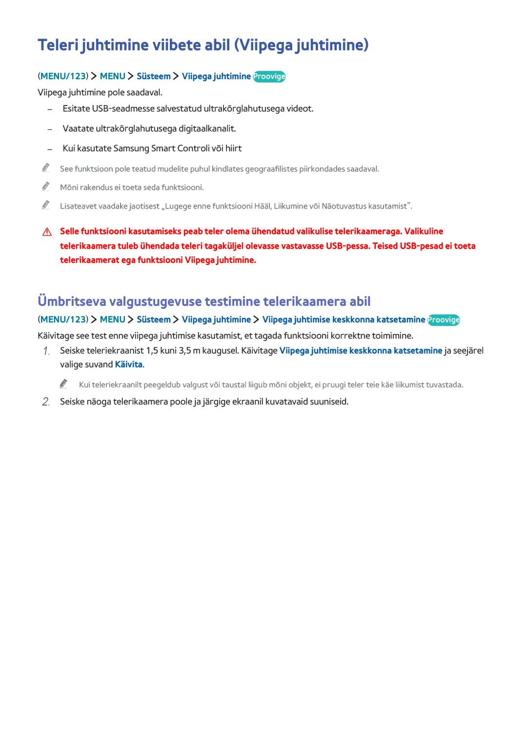 Samsung UE55JU6642UXXH, UE48JU6495UXZG, UE48JU6490UXZG, UE40JU6450UXZG manual Teleri juhtimine viibete abil Viipega juhtimine 