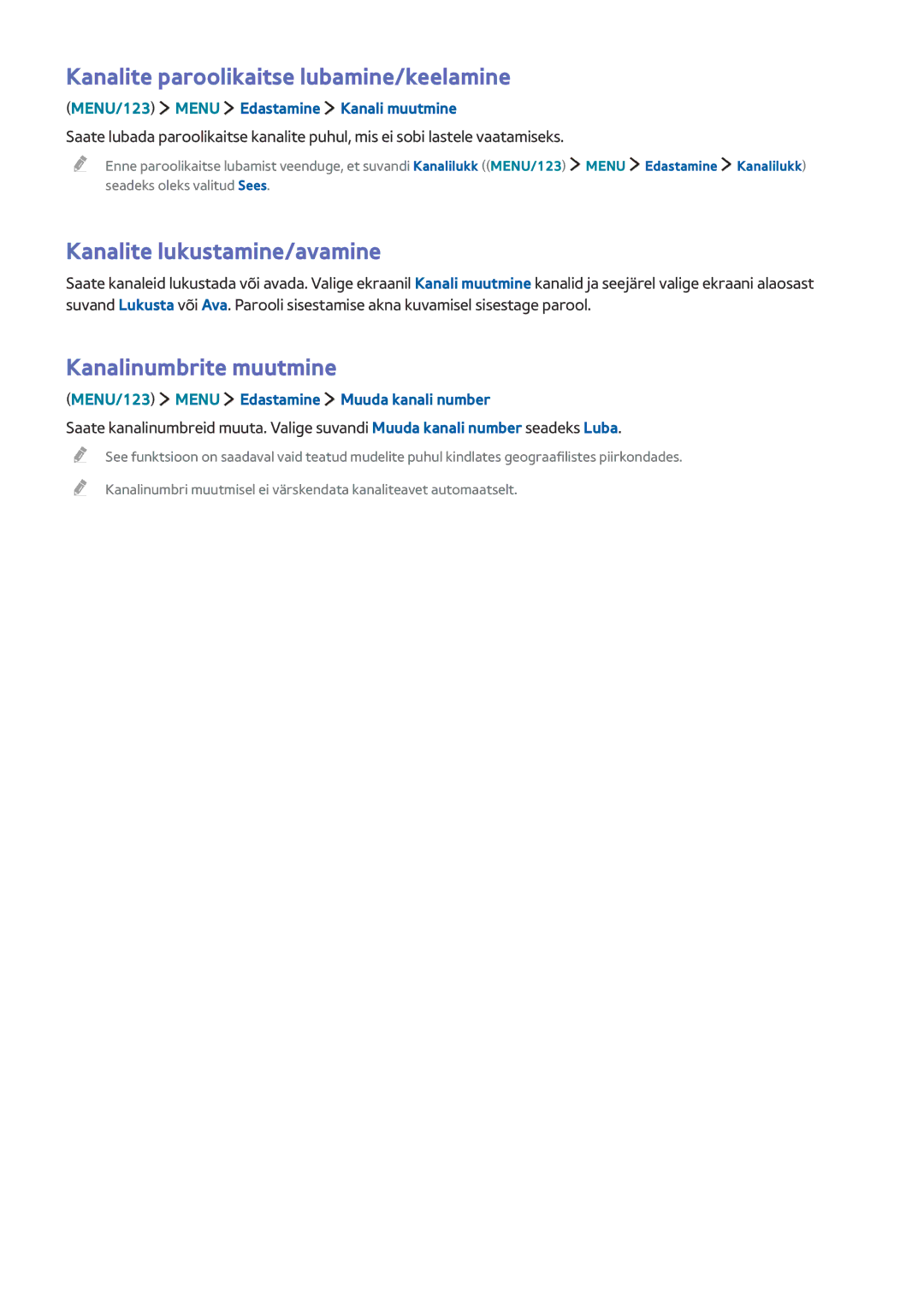 Samsung UE50J6150ASXZG Kanalite paroolikaitse lubamine/keelamine, Kanalite lukustamine/avamine, Kanalinumbrite muutmine 