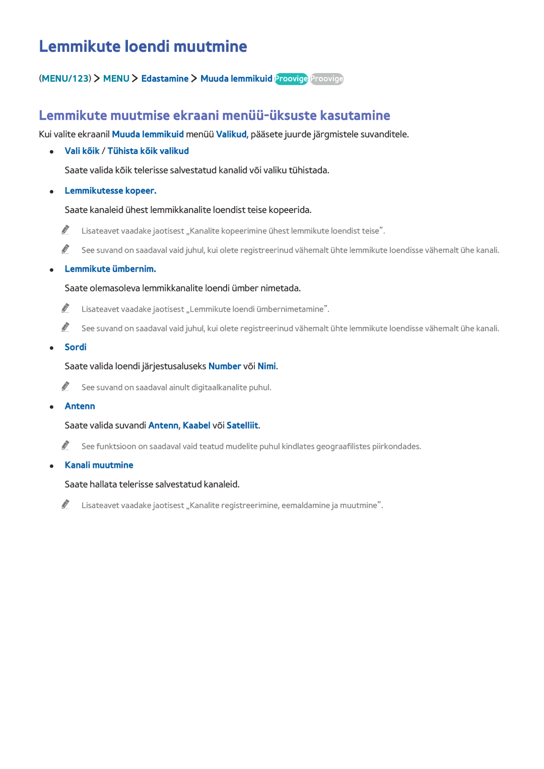 Samsung UE55JU6580UXZG, UE48JU6495UXZG manual Lemmikute loendi muutmine, Lemmikute muutmise ekraani menüü-üksuste kasutamine 