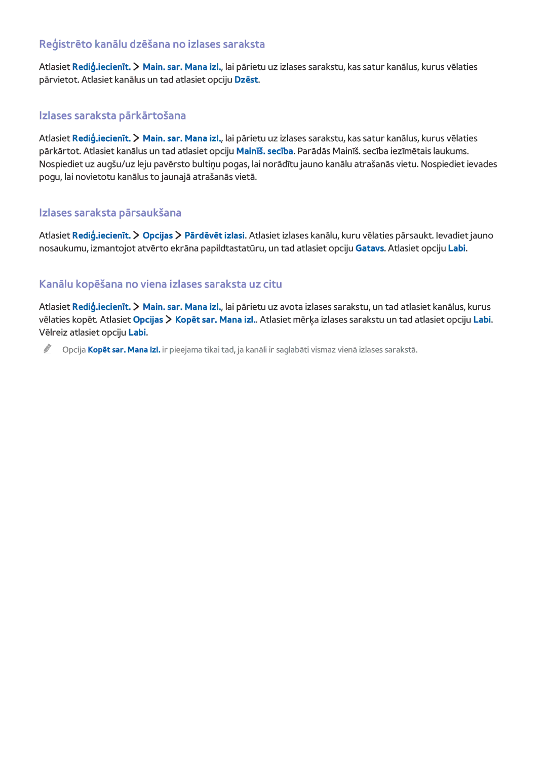 Samsung UE40JU6050UXZG, UE48JU6495UXZG manual Reģistrēto kanālu dzēšana no izlases saraksta, Izlases saraksta pārkārtošana 