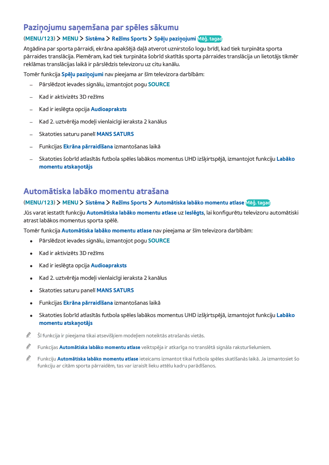 Samsung UE50JU6872UXXH, UE48JU6495UXZG manual Paziņojumu saņemšana par spēles sākumu, Automātiska labāko momentu atrašana 